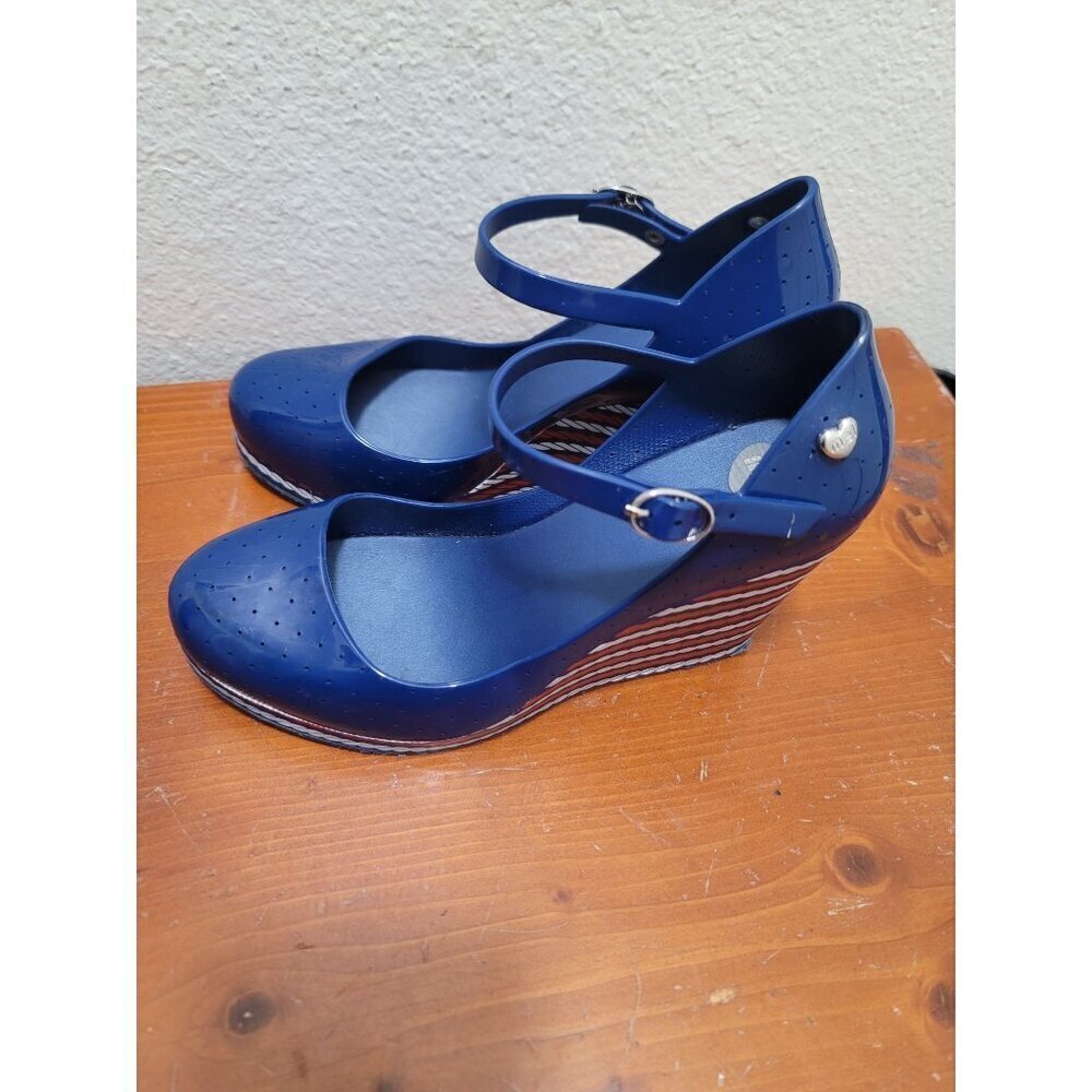Melissa Blue Wedge Sandals with Striped Heel - Picture 4 of 12